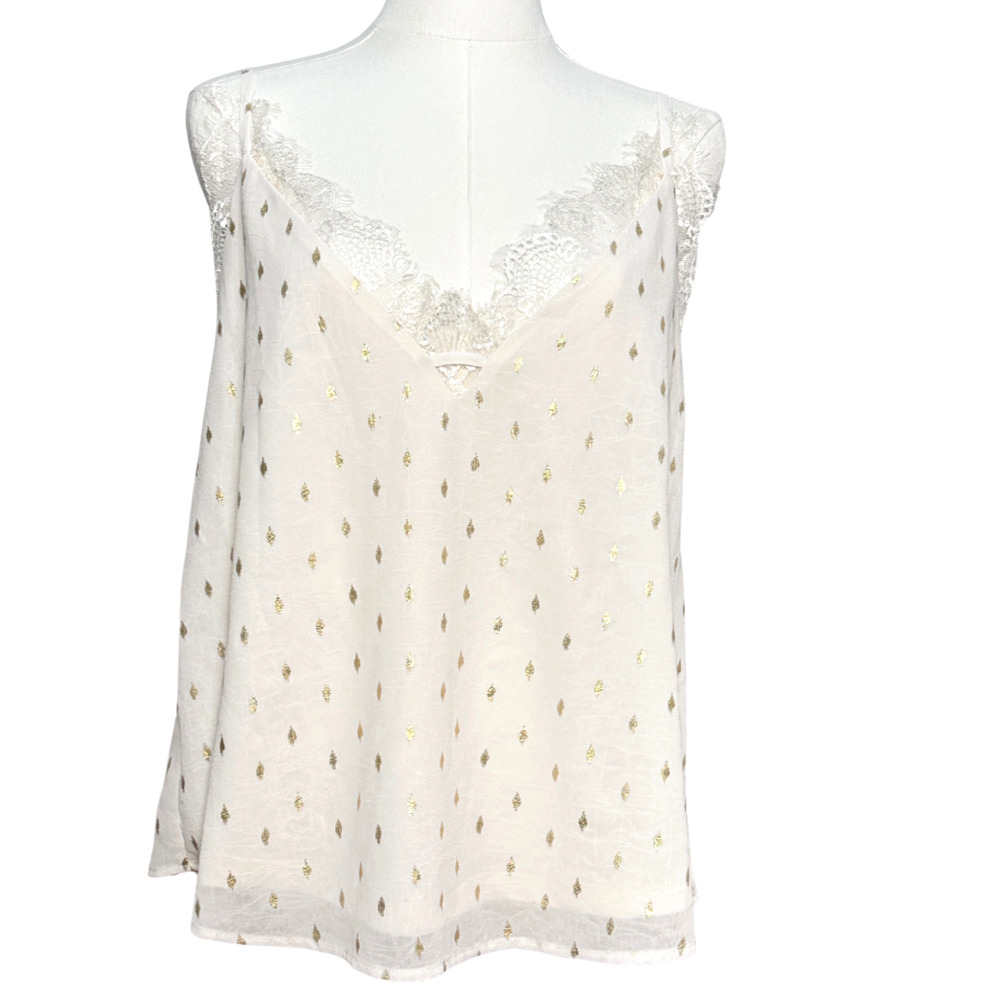 Blu Pepper Silky Lace Ivory Gold Metallic Spaghetti Strap Cami Top Large Boho